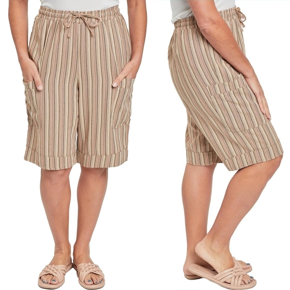 Ladies Striped Linen Blend Tan Women's Shorts, Elastic Drawstring Waist, XL